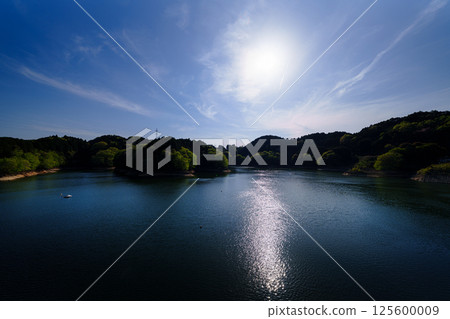 Fresh greenery at Nara Nunome Dam. Beautiful reflection of the cloudy sky and lake surface as the sun sets. Still image 9 Fresh greenery at Nara Nunome Dam. Beautiful reflection of the cloudy sky and lake surface as the sun sets. Still image 9 125600009