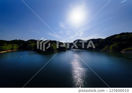 Fresh greenery at Nara Nunome Dam. Beautiful reflection of the cloudy sky and lake surface as the sun sets. Still image 8. Fresh greenery at Nara Nunome Dam. Beautiful reflection of the cloudy sky and lake surface as the sun sets. Still image 8. 125600010