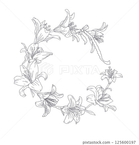 Hand drawn black and white line art lily flowers wreath. Vintage monochrome floral frame for cards template Hand drawn black and white line art lily flowers wreath. Vintage monochrome floral frame for cards template 125600197
