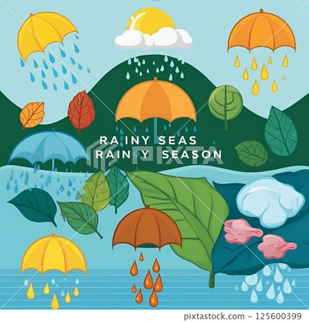 Blue umbrella and raindrops background illustration | Watercolor style rainy day material 125600399