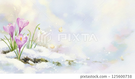 春天的水彩畫，描繪了在融化的雪溪旁盛開的花朵和蝴蝶 125600738