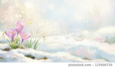 春天的水彩畫，描繪了在融化的雪溪旁盛開的花朵和蝴蝶 125600739