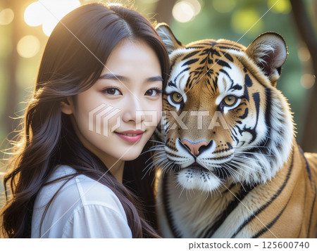 年輕女子與老虎:人工智慧生成的圖像 年輕女子與老虎:人工智慧生成的圖像 125600740