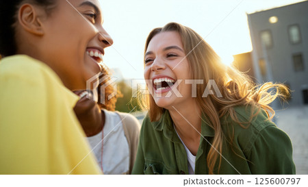 Friends Enjoy Laughter and Connection During Sunset Outdoor Gathering in Vibrant City Setting 125600797