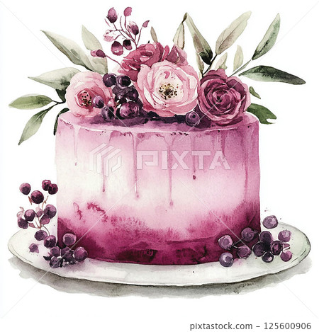 Watercolor purple cake with cream drips and flowers. Pastry picture for design on white background Watercolor purple cake with cream drips and flowers. Pastry picture for design on white background 125600906