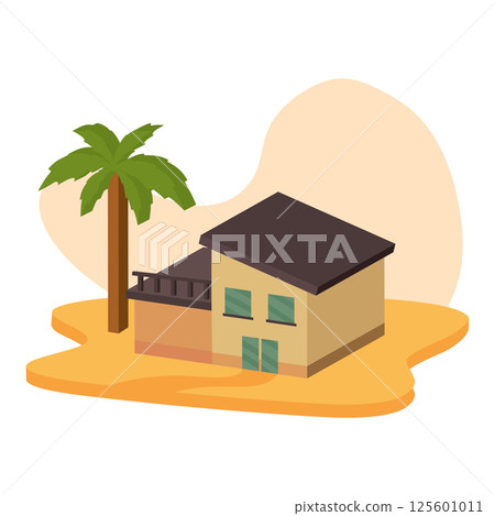 Cozy home with fence and tree. Vector 125601011
