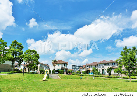 藍天城市景觀：新住宅區與公園風光 125601152