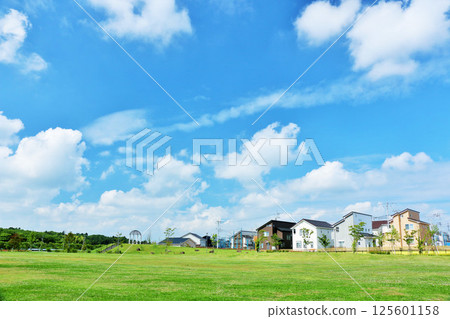 A refreshing blue sky and a park in the city 125601158