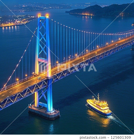 A boat passing under an illuminated suspension bridge 125601309