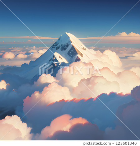 漂浮在雲海的山峰，被夕陽染成彩色 125601340