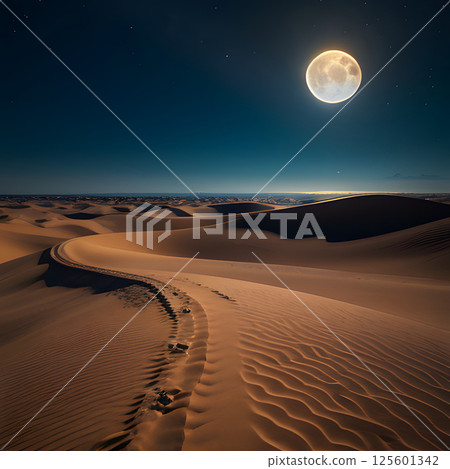 夜晚月光下的一片巨大沙漠 125601342