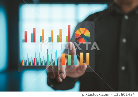 Interactive business graphs highlight yearly growth trends and performance metrics. 125601454