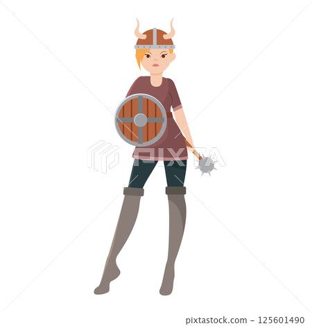 Viking woman holding shield. Vector 125601490