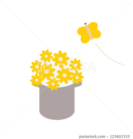 Yellow flower in a pot and a butterfly 125601555