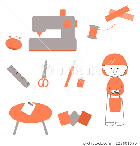 Illustration of a cute girl with a sewing machine and stationery 125601559