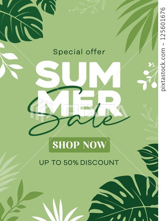 Summer sale poster, tropical leaf green background 125601676