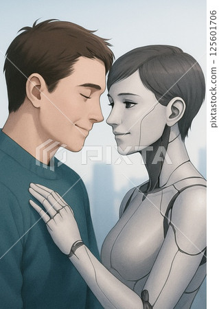 A future where a short-haired female AI will be close to humans A future where a short-haired female AI will be close to humans 125601706