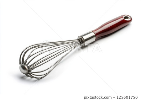 Cooking tool featuring a metal whisk with a wooden handle for mixing ingredients in various recipes Cooking tool featuring a metal whisk with a wooden handle for mixing ingredients in various recipes 125601750