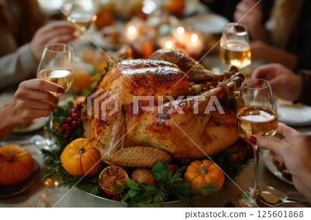 Gathering around a beautifully roasted turkey for a festive autumn dinner celebration with friends and family 125601868