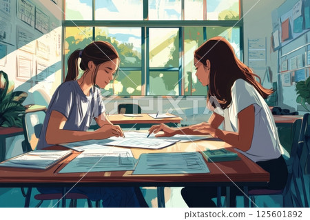 Two students engaged in collaborative study at a sunny classroom during afternoon hours 125601892