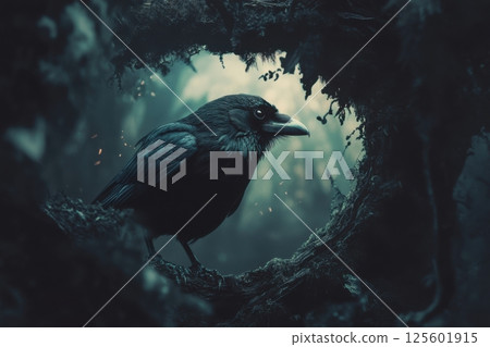 Dark forest with a crow perched quietly inside a natural frame at twilight depicting mystery and solitude Dark forest with a crow perched quietly inside a natural frame at twilight depicting mystery and solitude 125601915