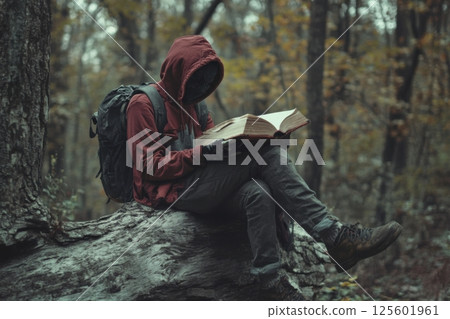 Person in a red hoodie reading a large book while sitting on a fallen tree in a forest during autumn 125601961