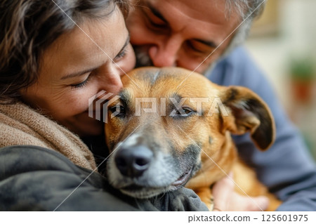 Couple lovingly hugging their dog while enjoying a cozy moment indoors in the afternoon light 125601975