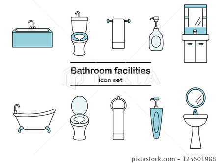 Simple bathroom equipment icon set: bathtub, toilet, sink, towel rack, shampoo bottle Simple bathroom equipment icon set: bathtub, toilet, sink, towel rack, shampoo bottle 125601988