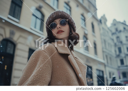 Winter fashion in a snowy city with a stylish model wearing sunglasses and a cozy coat 125602006