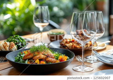 Fine dining experience with gourmet salad and grilled chicken on a wooden table in a lively restaurant setting Fine dining experience with gourmet salad and grilled chicken on a wooden table in a lively restaurant setting 125602007