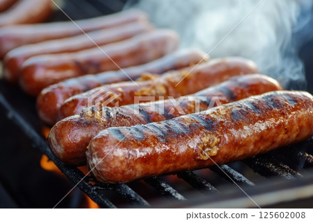 Grilling sausages on a barbecue during a sunny afternoon at a backyard gathering Grilling sausages on a barbecue during a sunny afternoon at a backyard gathering 125602008