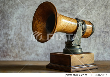 Vintage gramophone displayed on a wooden surface in a softly lit room showcasing early 20th-century design Vintage gramophone displayed on a wooden surface in a softly lit room showcasing early 20th-century design 125602034