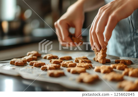 Baking cookies in a cozy kitchen setting during the afternoon hours with freshly baked treats on a countertop 125602045