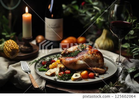 Delicious roasted turkey served with vegetables and wine on a rustic table setting during an elegant dinner gathering 125602064