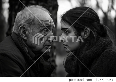 Emotional conversation between an elderly man and a young woman in a forest setting during twilight 125602065