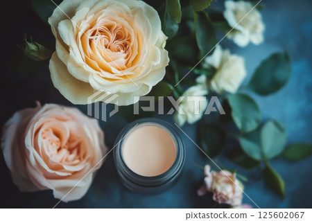 Soft peach roses surround a delicate jar of cream on a textured blue background showcasing tranquility and beauty Soft peach roses surround a delicate jar of cream on a textured blue background showcasing tranquility and beauty 125602067