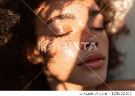 Close-up of a young woman enjoying sunlight on her freckled skin in a warm, natural setting during the afternoon Close-up of a young woman enjoying sunlight on her freckled skin in a warm, natural setting during the afternoon 125602105