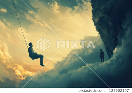 Floating above the clouds while contemplating life in a surreal landscape during sunset 125602107