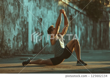 Man performing a deep stretch in an urban alley during golden hour sunlight Man performing a deep stretch in an urban alley during golden hour sunlight 125602134