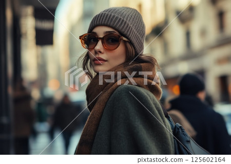 Woman in stylish outfit walking through urban street during winter afternoon with soft sunlight illuminating her face 125602164