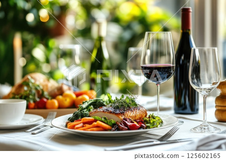 Elegant dining experience with gourmet meal and fine wine set in a lush garden 125602165