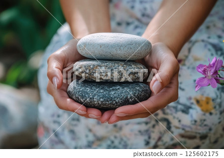 Hands holding three stacked stones with a purple flower in a tranquil outdoor setting during daylight Hands holding three stacked stones with a purple flower in a tranquil outdoor setting during daylight 125602175