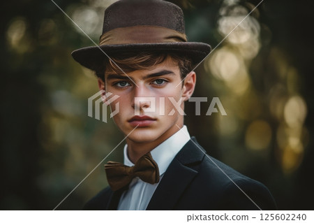 Young man in elegant suit and hat posing in a forest during golden hour, showcasing fashionable attire 125602240