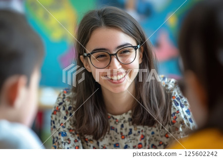 Young girl engages with classmates in a creative learning environment during a group activity in a colorful classroom setting 125602242