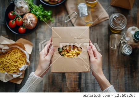 Hands holding a food takeout box with noodles and fresh ingredients on a rustic wooden table 125602265