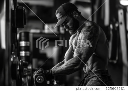Strong man lifting weights in a gym during an intense workout session focused on strength training and muscle building Strong man lifting weights in a gym during an intense workout session focused on strength training and muscle building 125602281