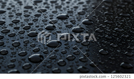 深色閃亮表面上水滴的特寫插圖 深色閃亮表面上水滴的特寫插圖 125602321