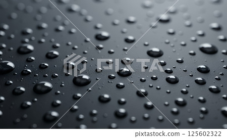 深色閃亮表面上水滴的特寫插圖 深色閃亮表面上水滴的特寫插圖 125602322