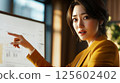 A focused businesswoman points to data on a large monitor in her modern office. 125602402