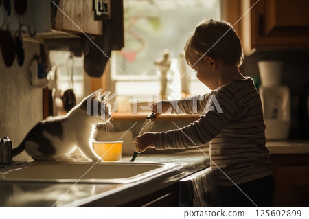 Child interacts with cat in cozy kitchen during afternoon light 125602899